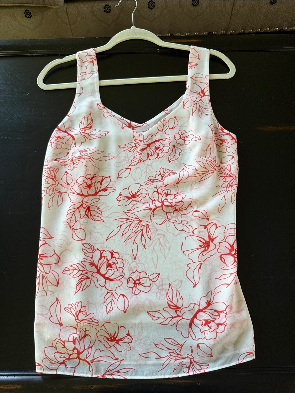 CAbi White Tank Top with Red Floral Print